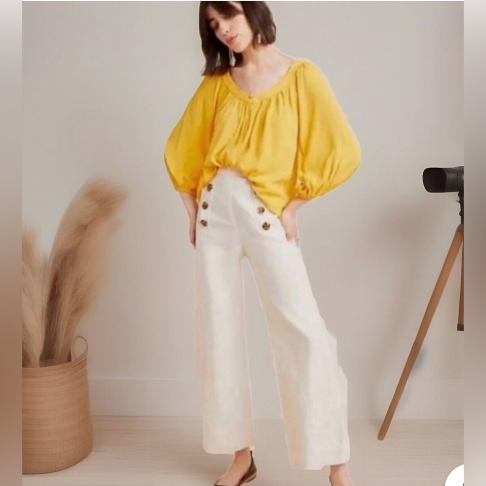 MAEVE ANTHROPOLOGIE Blouse Top Yellow Gold 3/4 Balloon Sleeve Size 8.